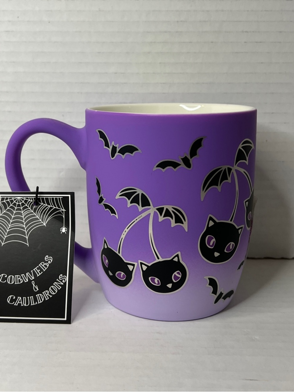 Cobwebs & Cauldrons Halloween Matt Purple Ombré Black Cat Cherry Bat Mug New
